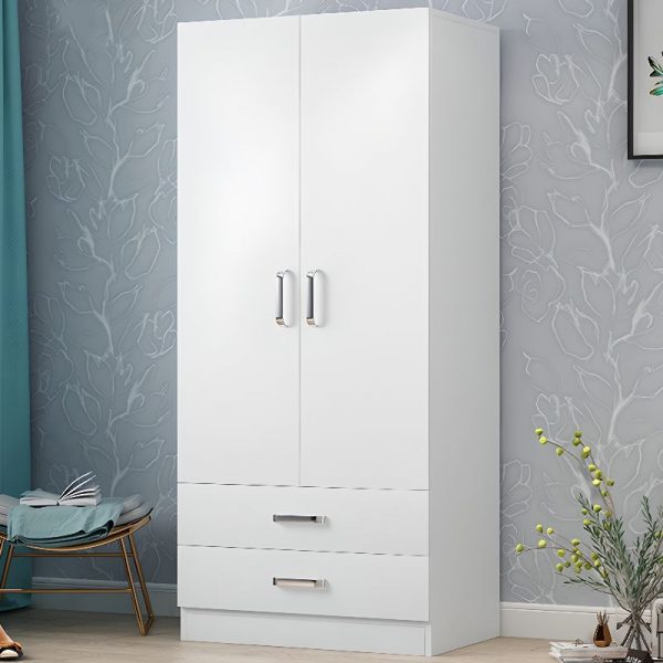"Natural Wood Grain Children's Wardrobe with Shelf, 2 Drawers, Clothing Rod, and 2 Doors"