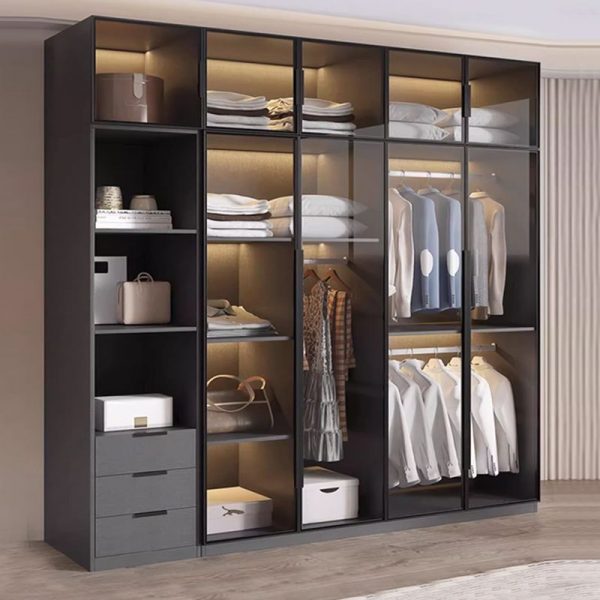 "Gray Wooden Children's Wardrobe with Multiple Shelves, Clothing Rod, and Door"