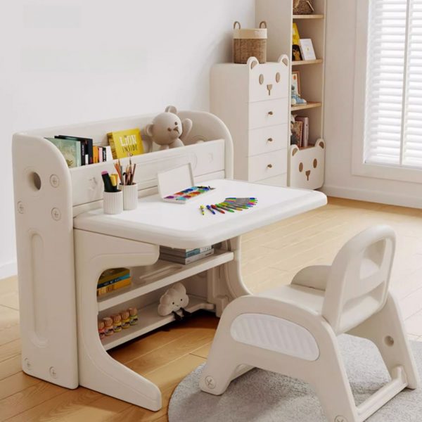 "Cream Folding Polymer Compound Kids Computer Desk with Stockroom, 2 Shelves & Hutch"