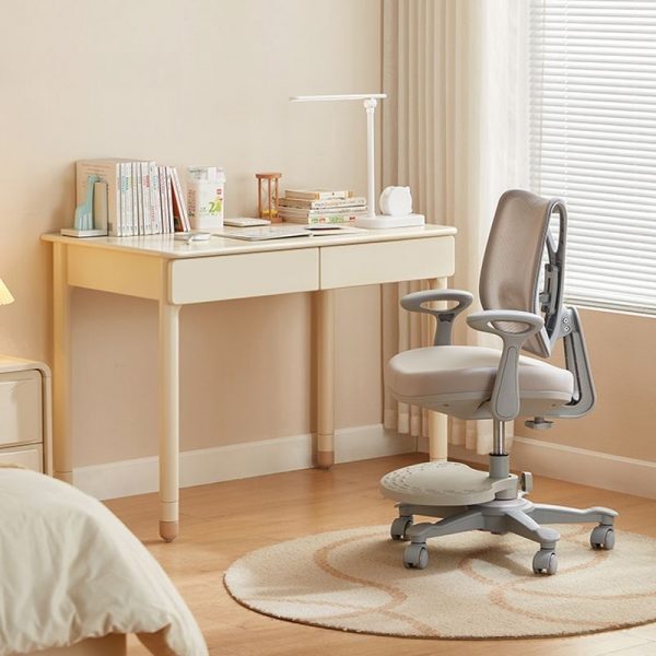 "Adaptable Height Timber Children Computer Desk with Chair, Ivory Top, and 2 Drawers"