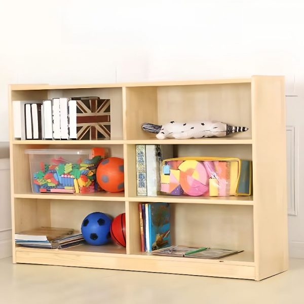 "Natural Finish Minimalist Standard Children's Bookshelf with 4 Shelves, Horizontal Orientation, Closed Back, Timber Shelves, Unfixed"