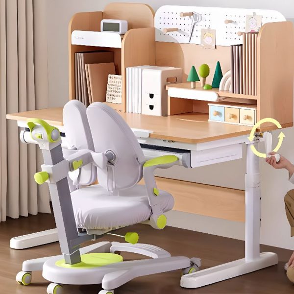 "Flexible Height Moisture-proof Wood Color Kids Computer Desk with Chair, Shelf, Drawer, and Hutch"