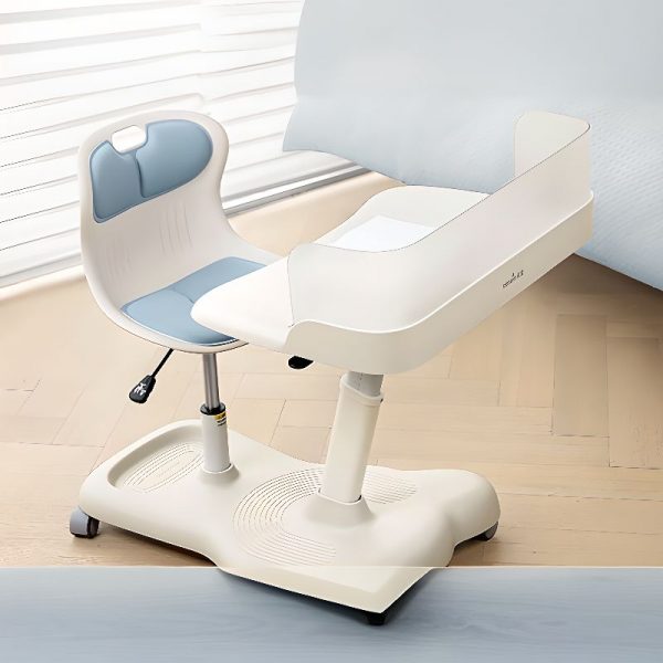 "Moves Up and Down Polymer Ergonomic Kids Computer Desk in Ivory with Chair and Caster Wheels"