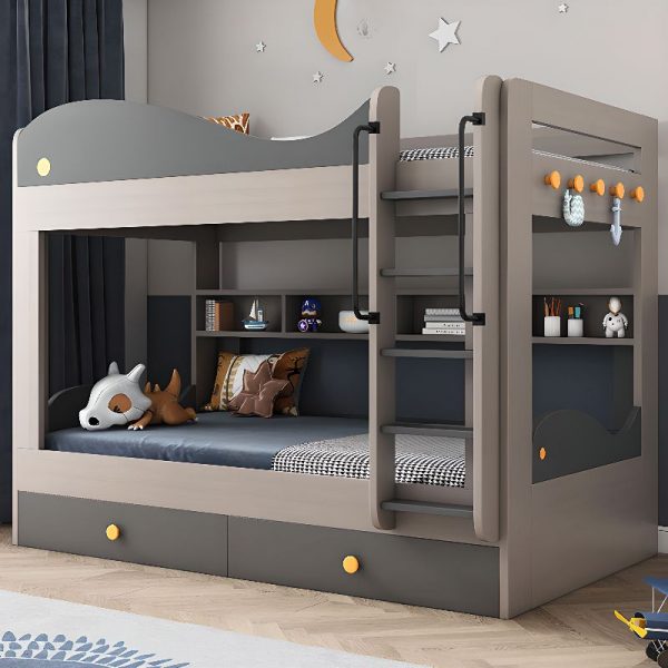 "Reclaimed Wood Children Bunk Bed in Gray with Book Cabinet, Ladder and 2 Drawers Underbed, Standard Bunk"