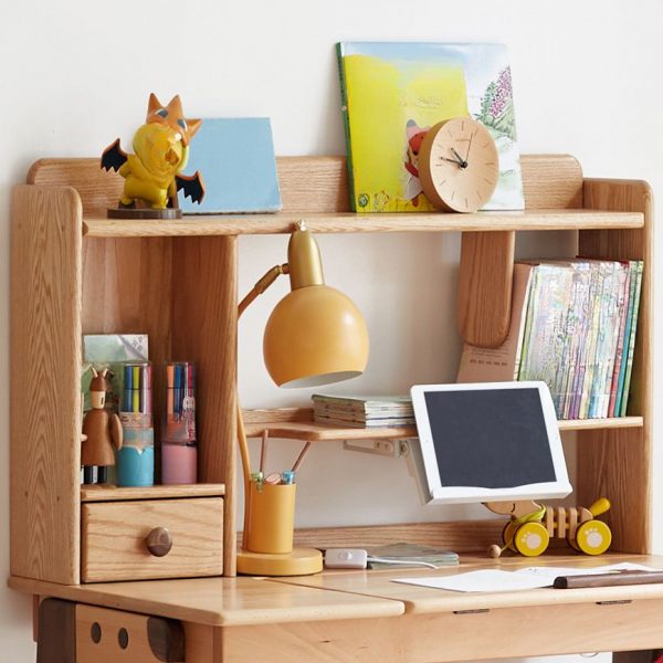 "Wood Grain Standard Kids Bookshelf with Drawer, 2 Shelves, Horizontal Orientation, Lumber Shelf, and Closed Back Tabletop Installation"