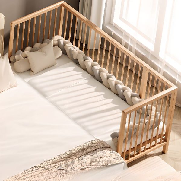 "Art Deco Natural Wood Panel Standard Kids Bed with Coir Mattress Detachable Guardrails Gender Neutral"