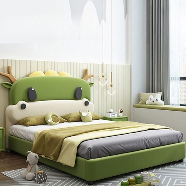 "Art Deco Lime Green Wood Standard Kids Bed with Animal Theme, Genuine Leather, Coir Mattress & Headboard"