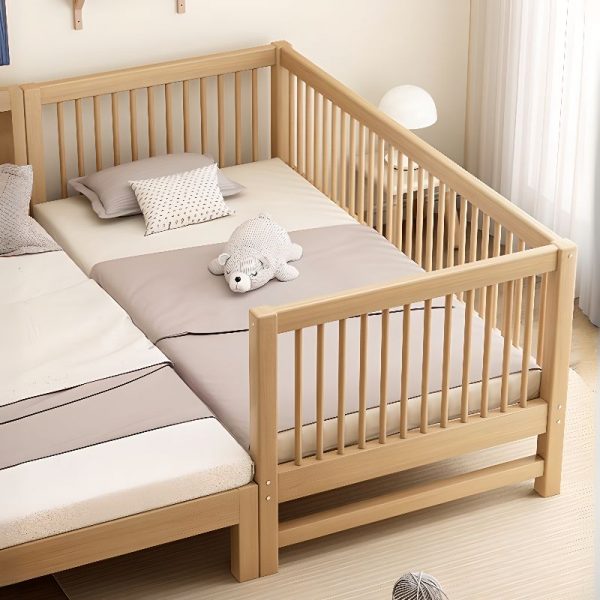 "Wood Grain Modish Standard Children Bed in Natural Wood with Coir Mattress and Guardrail Gender Neutral"