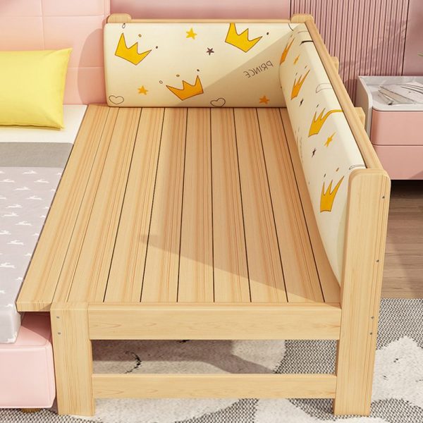 "Art Deco Natural Finish Wood Standard Kids Bed with Headboard, Coir Mattress & Guardrail, Gender Neutral"
