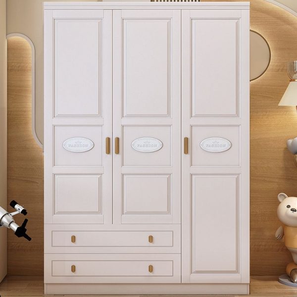 "Chalk Colored Wood Kids Wardrobe with Shelf, Drawer, Clothing Rod, and Door"
