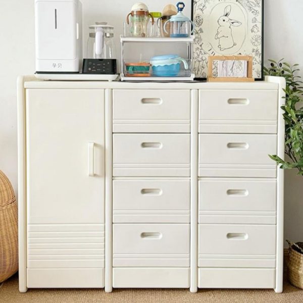 "White Standard Children's Bookshelf with 8 Drawers, 2 Shelves, Horizontal Orientation, Closed Back, Synthetic Shelf, Flip Door"