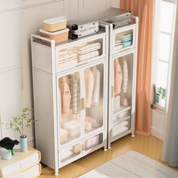 "Chalk Colored Alloy Kids Wardrobe with Shelf, Clothing Rod, and Door"