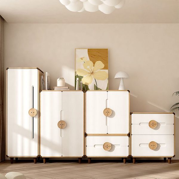 "Chalk-Colored Kids Wardrobe with Wood Construction, Shelf, Clothing Rod, and Door"