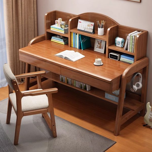 "Adaptable Height Watertight Adjustable Children's Desk in Bleached Wood/Natural/Natural Wood Finish with Locker and Hutch, 2 Drawers and 4 Shelves"