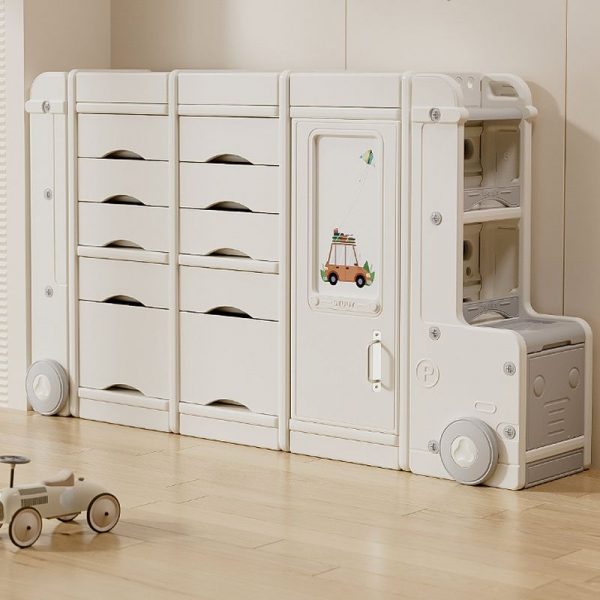 "Cars Polymer Articulated Door Horizontal Standard Children's Bookshelf in Chalk with 15 Drawers/5 Drawers and 3 Shelves"