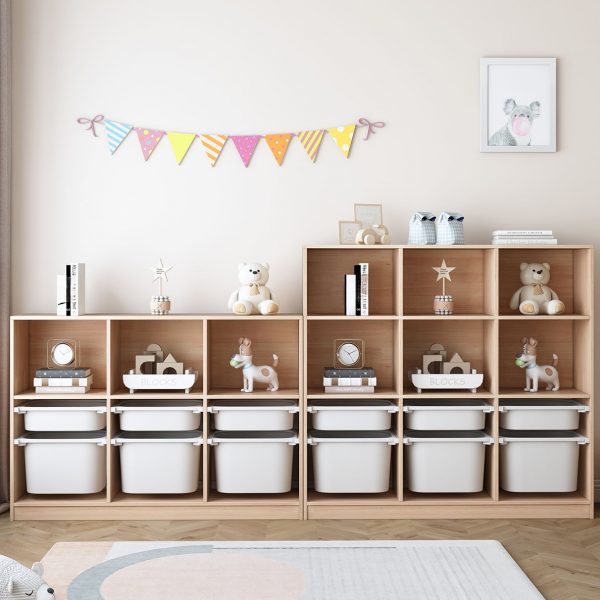 "Minimalist Independent Wood Horizontal Standard Children's Bookshelf in Wood Grain with 4 Shelves/3 Shelves and Closed Back"
