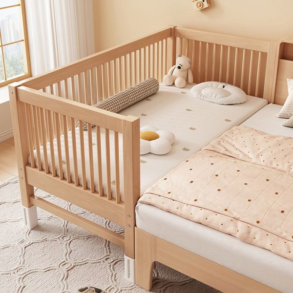 "Modern Beech Wood Standard Children Bed in Natural Wood Finish with Guardrail for Gender Neutral Safety"
