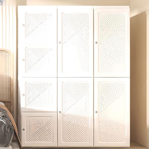 "Versatile Kids Wardrobe with Polymerized Material, Multiple Shelves Options, Clothing Rod, and Door"