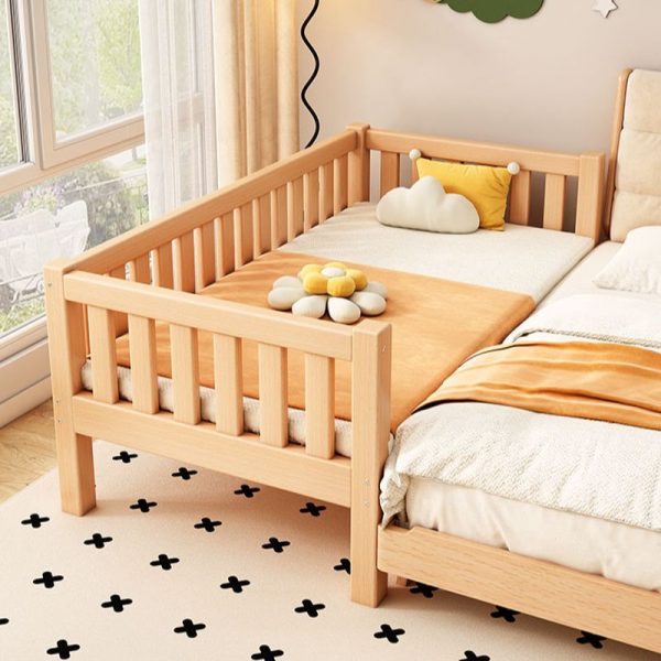 "Casual Natural Wood Panel Kids Daybed with Natural Finish, Coir Mattress, Gender Neutral & Either Side Guardrail"