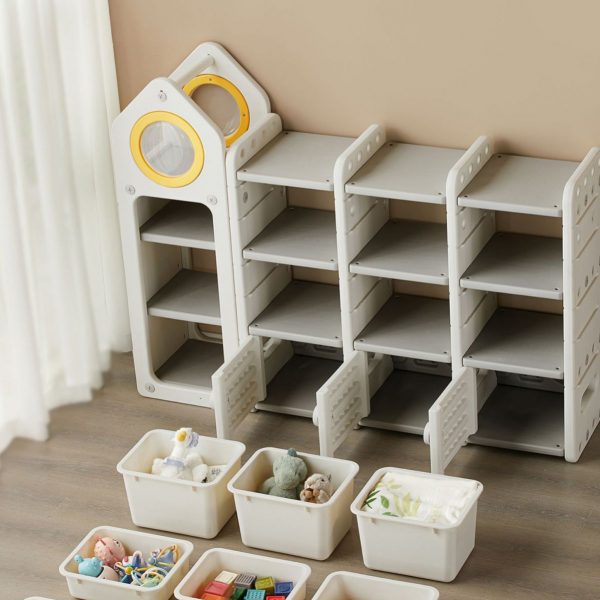 "Grey/Cream Horizontal Open Back Plastic Standard Kids Bookshelf Double-sided with 4 Shelves, 2 Doors/3 Doors"