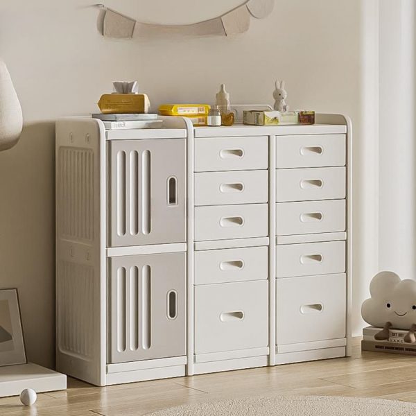 "White Synthetic Material Horizontal Standard Children's Bookshelf Closed Back with 4 Shelves/5 Shelves/3 Shelves, 4 Doors/3 Doors"