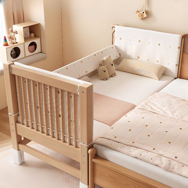 "Trendy Natural Finish Lumber Standard Children Bed Gender Neutral with Detachable Guardrails, Coir"