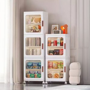 "Folding Standard Children's Bookshelf with Swivel Wheels, 5/7 Shelves, Synthetic Material, 2/3 Doors, Double-sided, Closed Back"