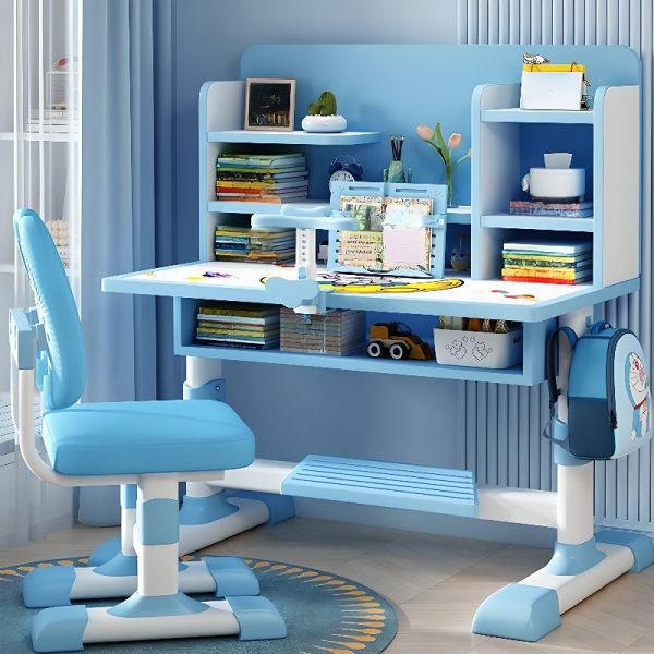 "Multi-levelled Timber Kids Computer Desk with Chair in Carnation/Cerulean, Shelf & Hutch Included"