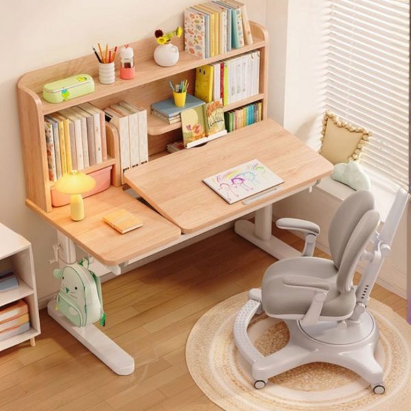 "Wood Adaptable Height Kids Computer Desk in Natural Wood Finish with Receptacle, Shelf and Hutch"