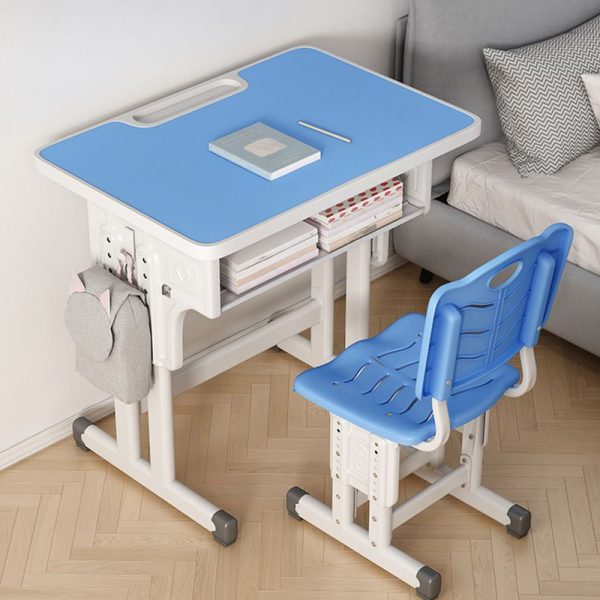 "Engineered Wood Rainproof Kids Computer Desk in Carnation/Blue/Ivory with Flexible Height and Chair, Locker and 1 Shelf"