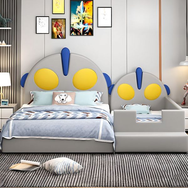 "Classic Wood Panel Standard Kids Bed in Neutral Wood Tone with Pleather Upholstery, Coir Mattress, and Headboard - Ideal for Boys"