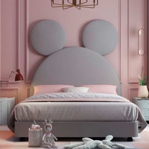 "Casual Wood Animals Standard Children Bed in Gray with Pleather, Headboard and Panel"