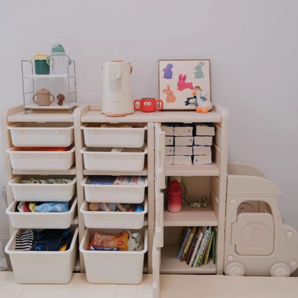 "Ivory Standard Kids Bookshelf with Gullies Handle, Multiple Doors (3/6/4) and Varied Bins (10/6/5)"