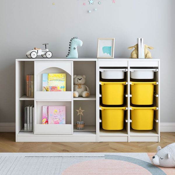 "Minimalist Engineered Wood Vertical/Horizontal Standard Children's Bookshelf in White with 10 Boxes/5 Bins/15 Boxes, Closed Back and Shelf"