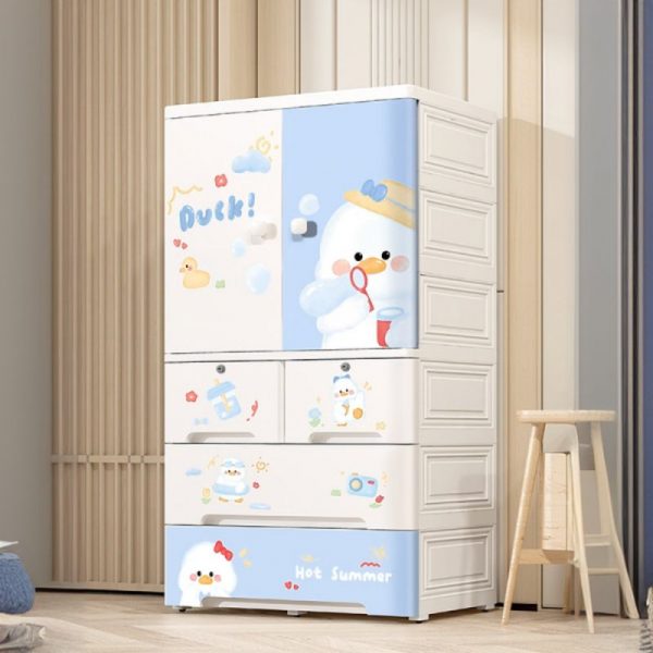 "White Polymer Kids Wardrobe with Animal Theme, Shelf, Compartment, and Clothing Rod"