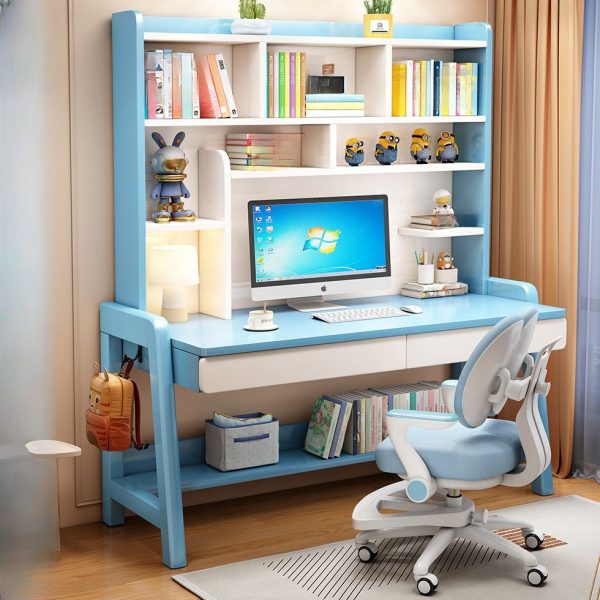 "Height-adjustable Timber Kids Computer Desk in Chalk/Sepia/Wood Color with Container Storage, Shelf, Compartment & Hutch"