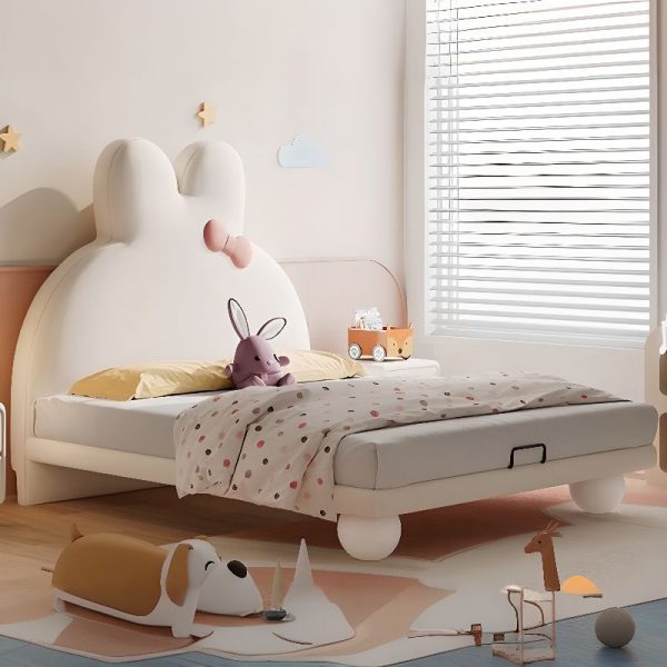 "Chalk-Colored Timber Panel Standard Children Bed, Animal-Themed with Pleather Headboard For Girls"