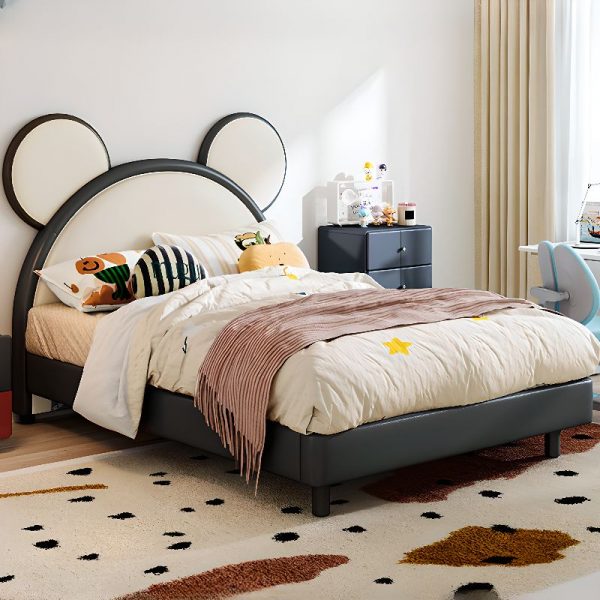 "Timber Panel Standard Children Bed with Animal Theme, Pleather Headboard For Girls"