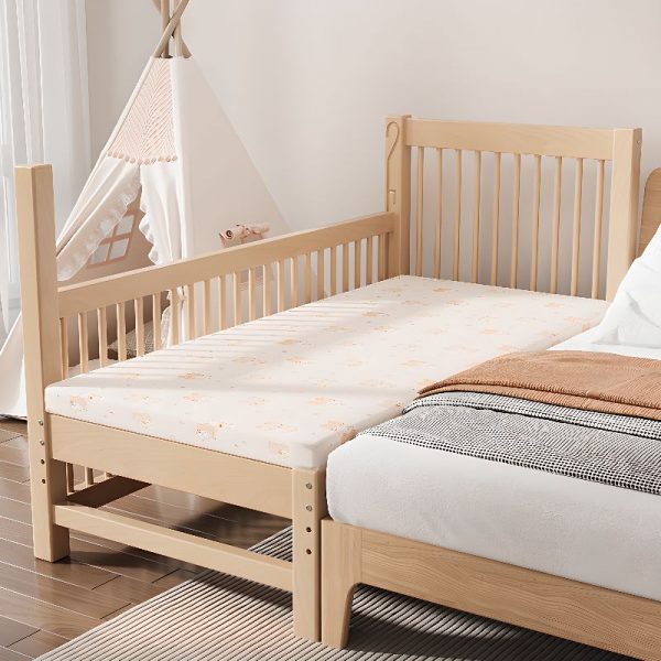 "Casual Natural Wood Standard Children Bed in Natural Finish with Guardrail for Gender Neutral"