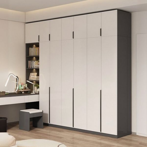 "Contemporary Gray Wood Kids Wardrobe with 3/2 Shelves, Clothing Rod, and 6/4/3 Doors"