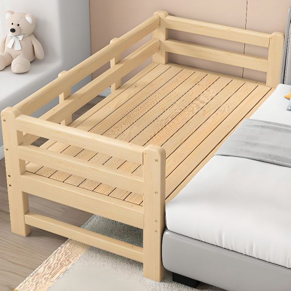 "Modish Gender Neutral Pine Wood Standard Kids Bed in Neutral Wood Tone with Coir and Guardrail, Platform"