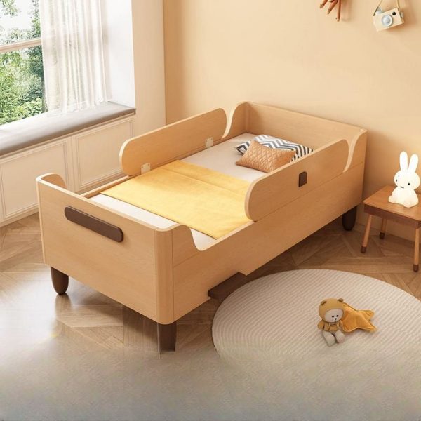 "Modern Simple Style Natural Wood Panel Standard Children Bed with Natural Finish and Guardrail, Gender Neutral"