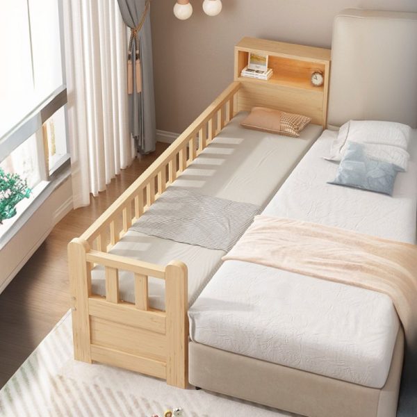 "Art Deco Pine Wood Natural Gender Neutral Textile Standard Kids Bed with Coir, Guardrail"