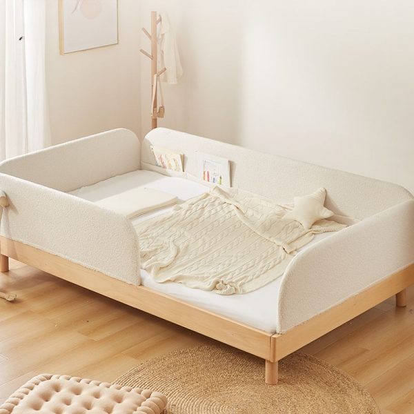 "Gender Neutral Trendy Natural Wood Standard Children Bed in Natural Finish with Panel, Cotton and Guardrail"