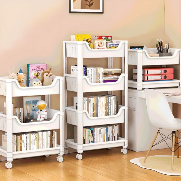 "Chalk Unfixed Polymerized Material Open Back Vertical Standard Children's Bookshelf with Wheels, 5 Shelves/4 Shelves/3 Shelves"